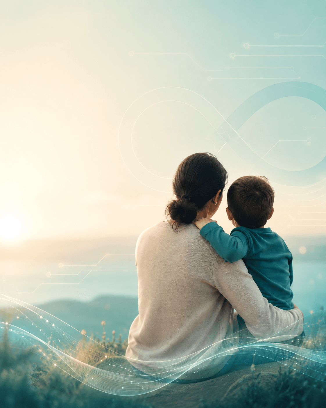 Parent and child looking toward a hopeful landscape